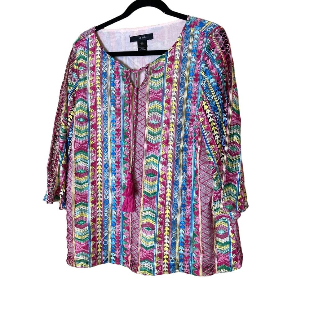 Ali Miles Multi Color Embroidered Tunic Top Size Medium